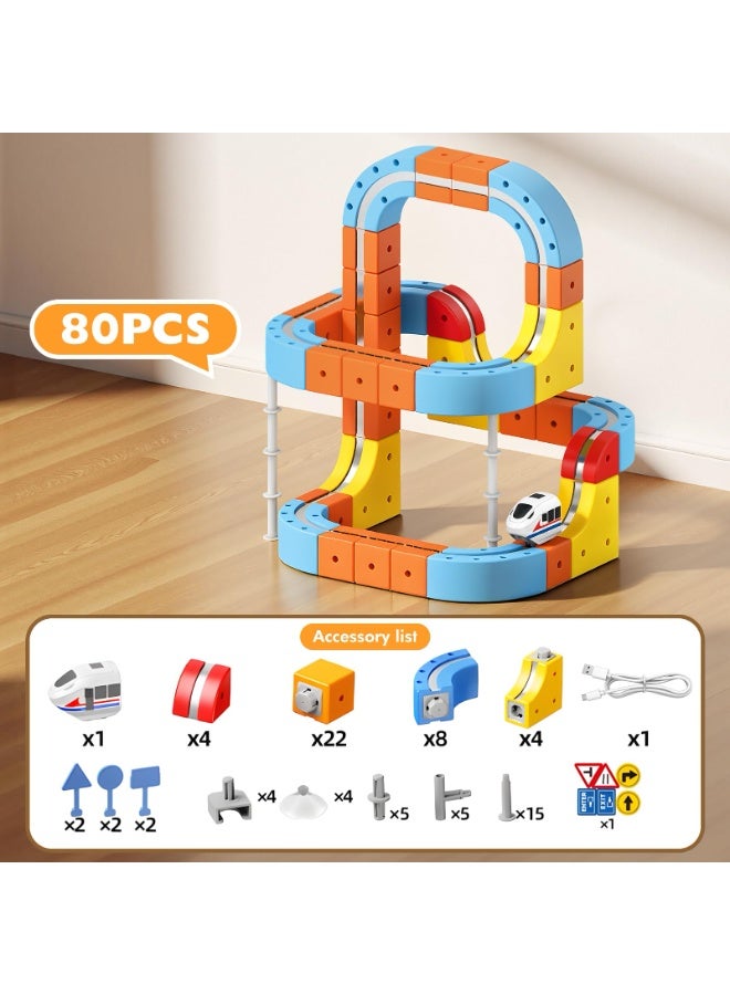 TOY GARDEN 80 Pieces Electric Train Set Toy for Boys and Girls Cube Track Magnetic Block with Gift 3D Train Flexible Car Racing Track Children High Quality Educational Building Set Creative Learning Gift Set - Image 2